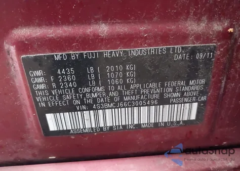 2012 Subaru Legacy 2.5I Limited from USA, damaged, VIN 4S3BMCJ66C3005496